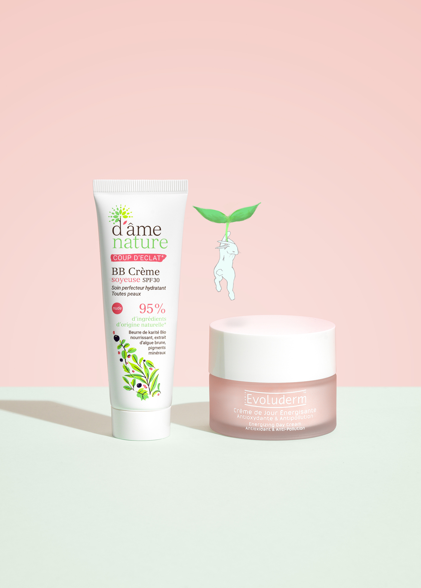 Composition Dame Nature avec le lapin blanc, produits Evoluderm