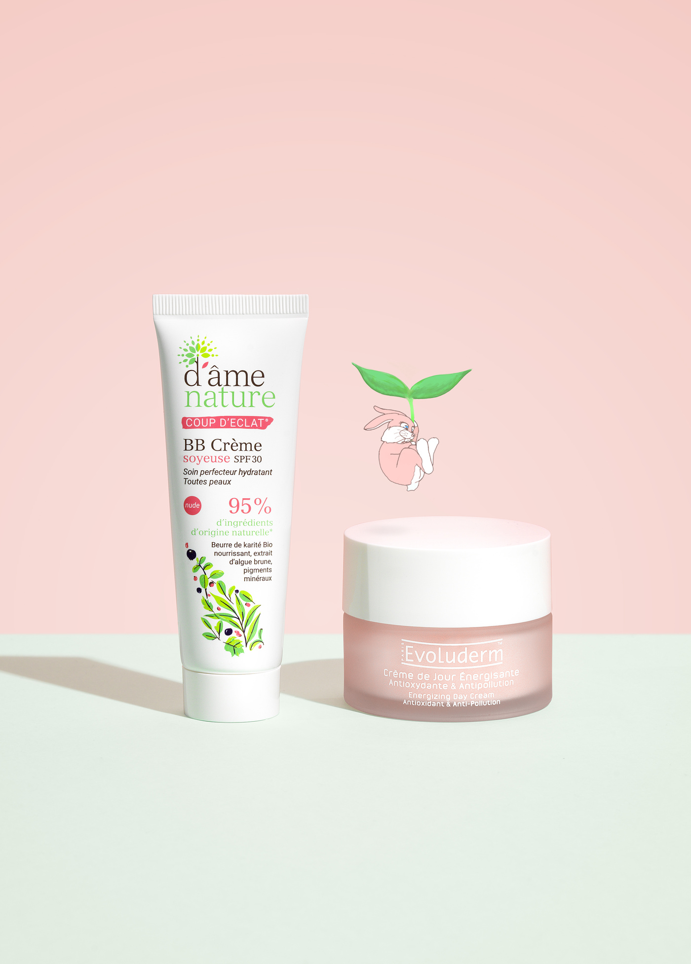 Composition Dame Nature avec le lapin rose, produits Evoluderm