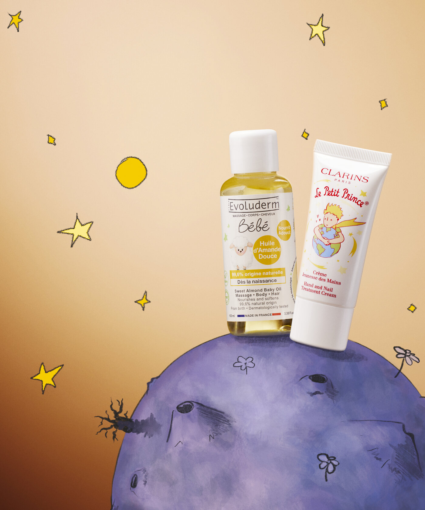 Composition inspirée du Petit Prince, produits Evoluderm et Clarins